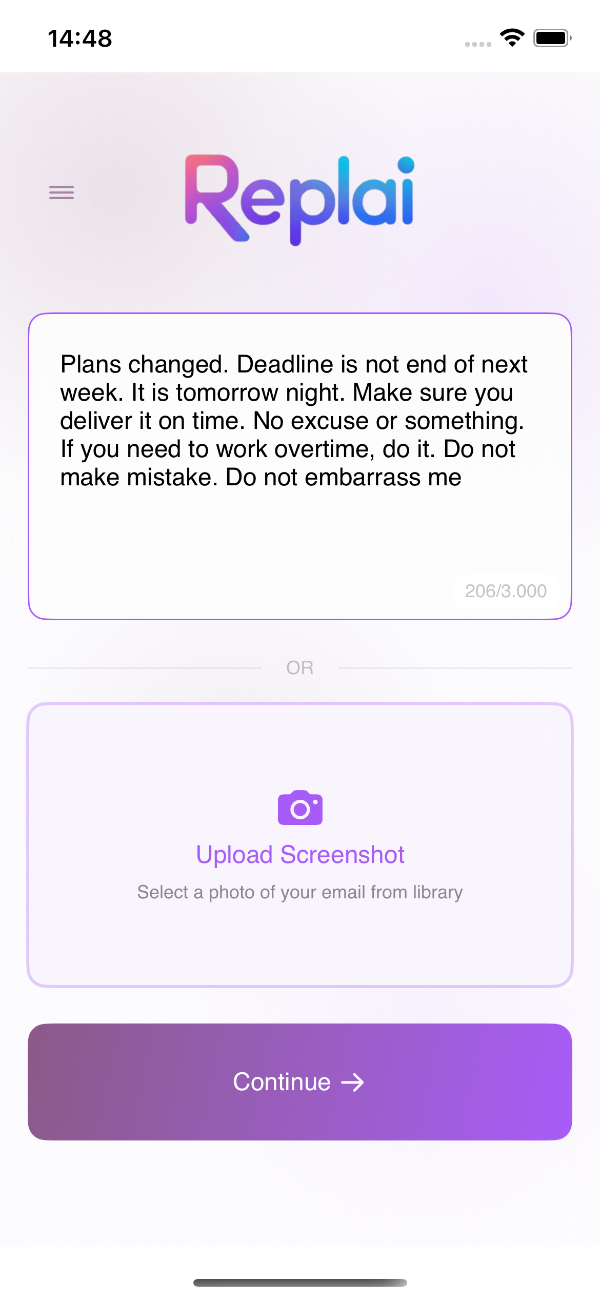 Email input screen with text area and upload option