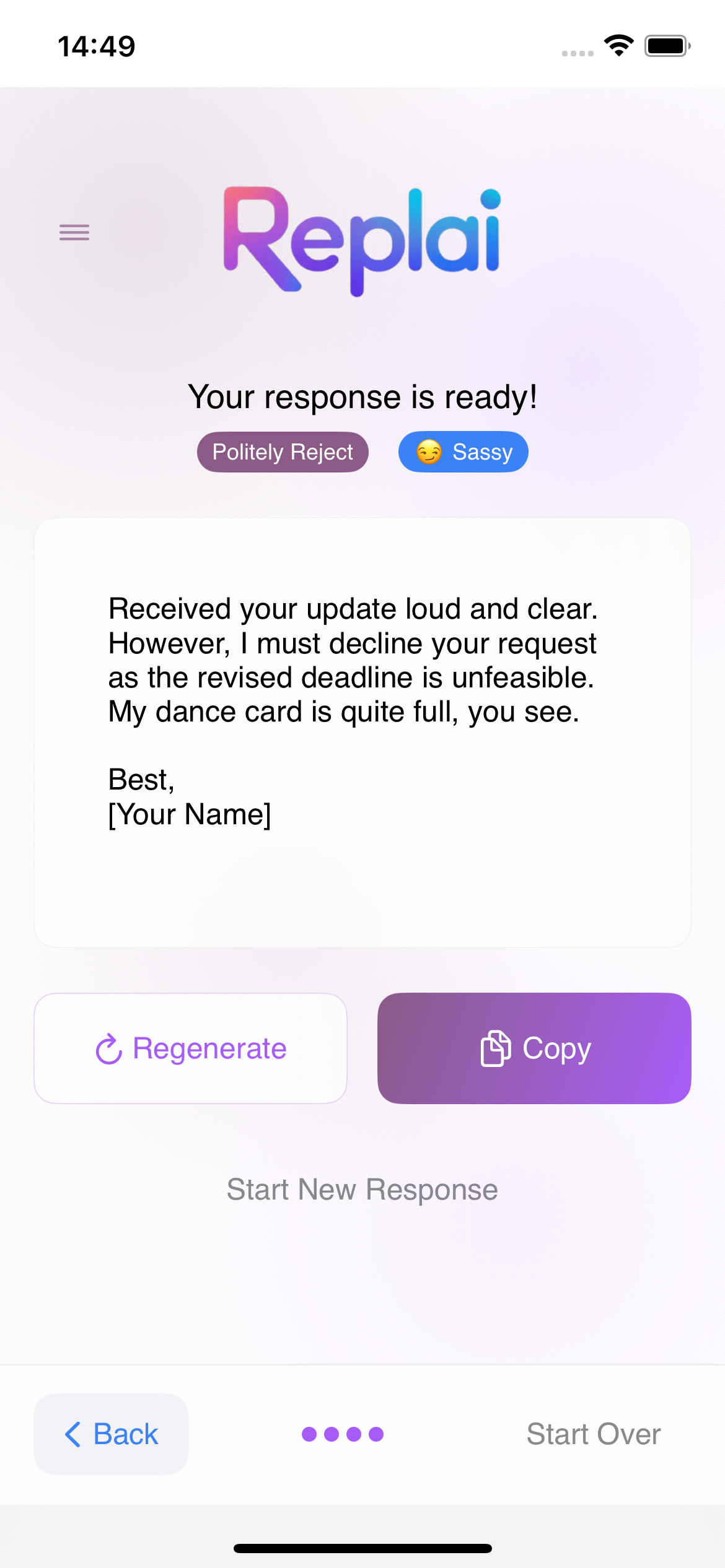 Generated response showing sassy tone email reply