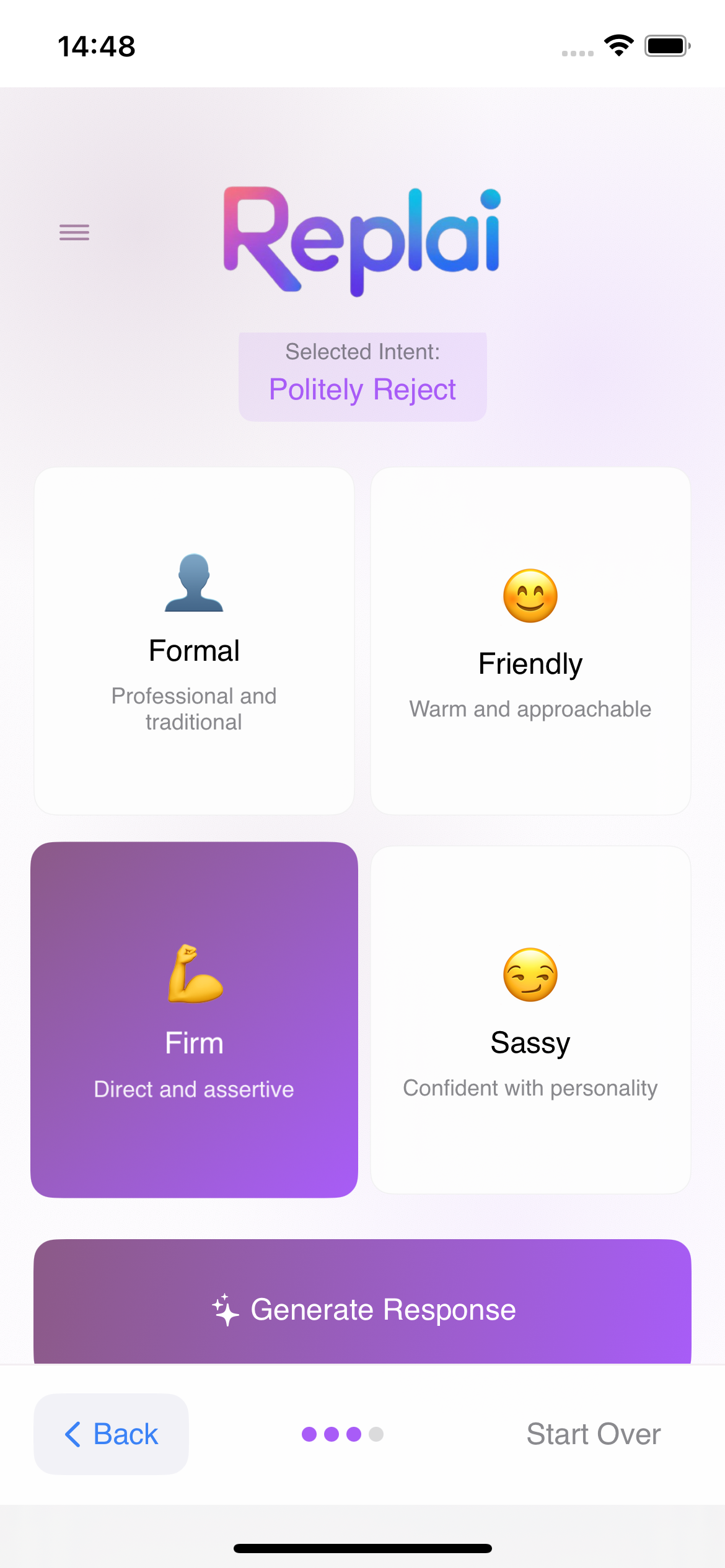 ReplAI App - Choose from 4 response tones: Formal, Friendly, Firm, or Sassy